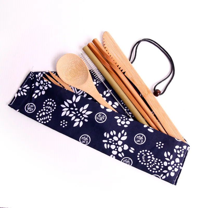 Bambu bestick kit kniv gaffel sked uppsättningar halmborste porslin resor picknick kostym med duk väska