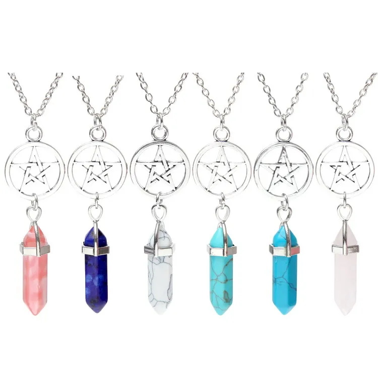 Naturel Chakra Pendentif Colliers Pierres Précieuses Bijoux De Mode Bullet Forme Cercle Cinq Étoiles Femmes Quartz Cristal Charme Collier pour Filles Dame