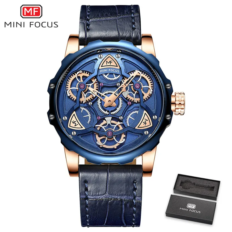 MINI FOCUS Mens Relógios Top Marca de Luxo Estilo Esporte Design Relógio de Quartzo Homens Pulseira de Couro Azul 30M À Prova D 'Água Relogio masculino T201e