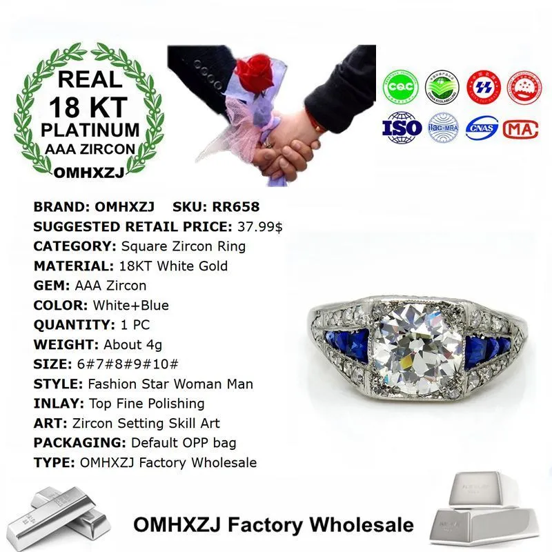 OMHXZJ Whole European Fashion Woman Man Party Wedding Gift Luxury Square White Blue Zircon 18KT White Gold Ring RR6588029501