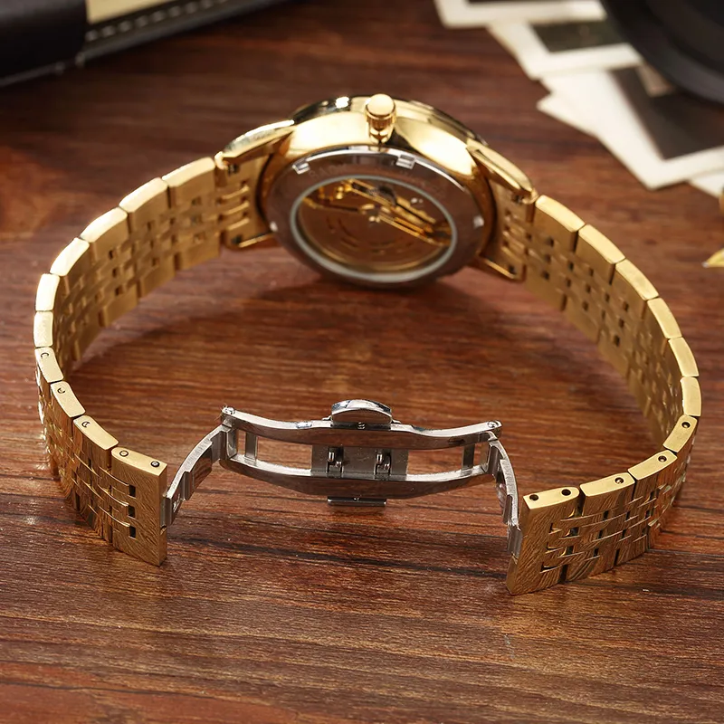 Reloj mecánico de oro esqueleto para hombre, reloj de pulsera mecánico de acero con dragón tallado en 3D automático, marca superior de lujo de China, viento automático 2018 Y2337