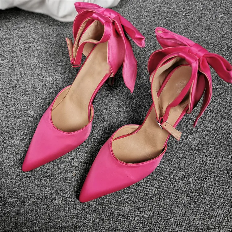 rontic 여성 새틴 펌프 얇은 하이힐 나비 매듭 펌프가 뾰족한 발가락 화려한 자홍색 파티 신발 여성 플러스 미국 크기 5-15