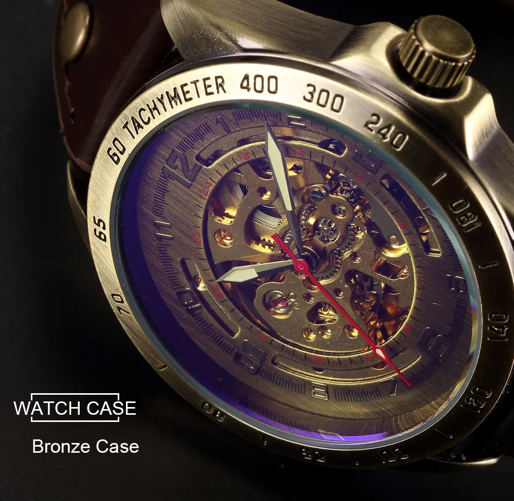 スケルトンメカニカルウォッチ自動時計男性スチームパンクブロンズ透明メンズ自動機械腕時計