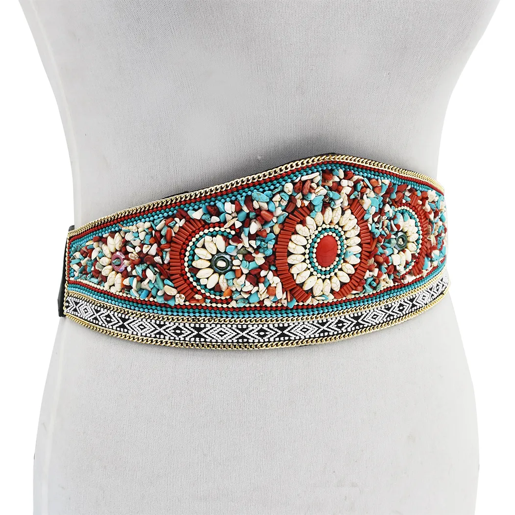 Bohème rétro style ethnique turquoise élastique réglable ceinture danse taille chaîne robe accessoires pour femmes bijoux Gift219s