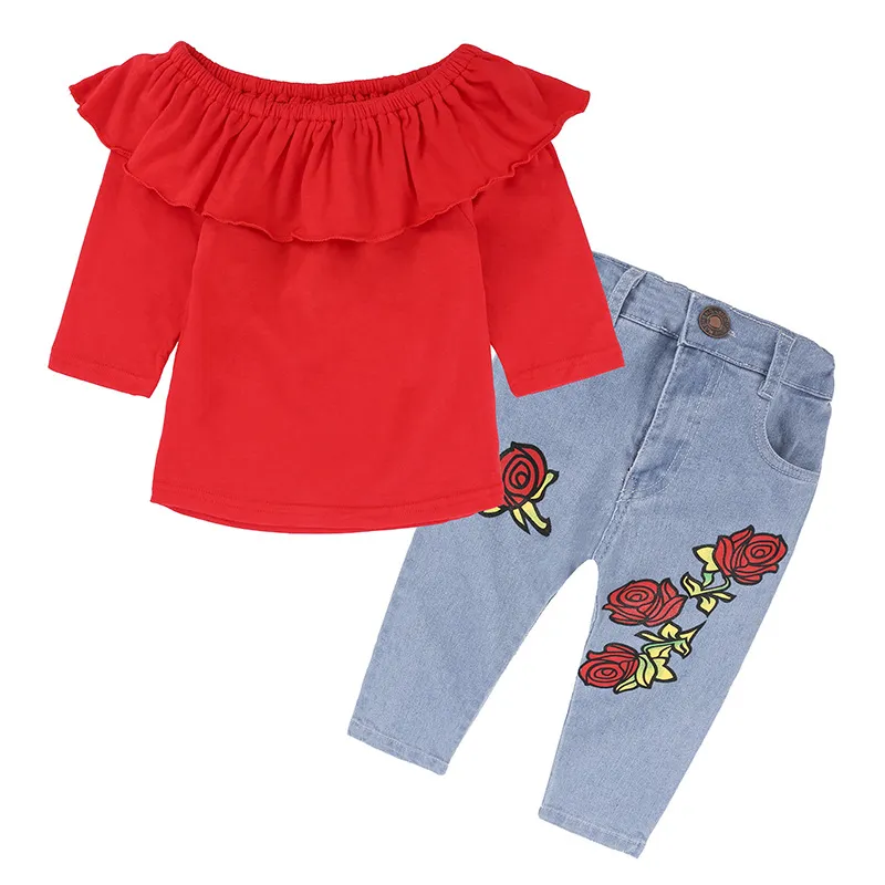 Autumn Girls Clothing Sets Baby Kids Clothes Long Sleeve Red T-Shirt +Rose Print Jeans Suits Girls Clothes