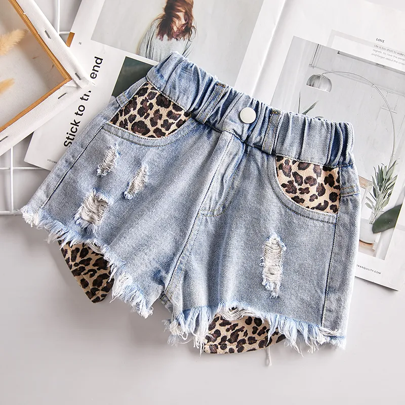 Baby Girl Denim Summer New Children Jean Hit Pants Leopard Stitching Casual Loose Jeans Kids Teens Holes Shorts Y2833 Y2007044940345