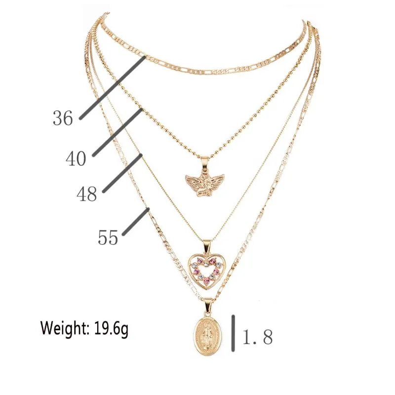 Femmes Colliers Ange Coeur Rose Cristal Vierge Marie Pendentif Clavicule Chaîne Multicouche Collier En Or Ensemble Bijoux De Fiançailles Cadeau215q