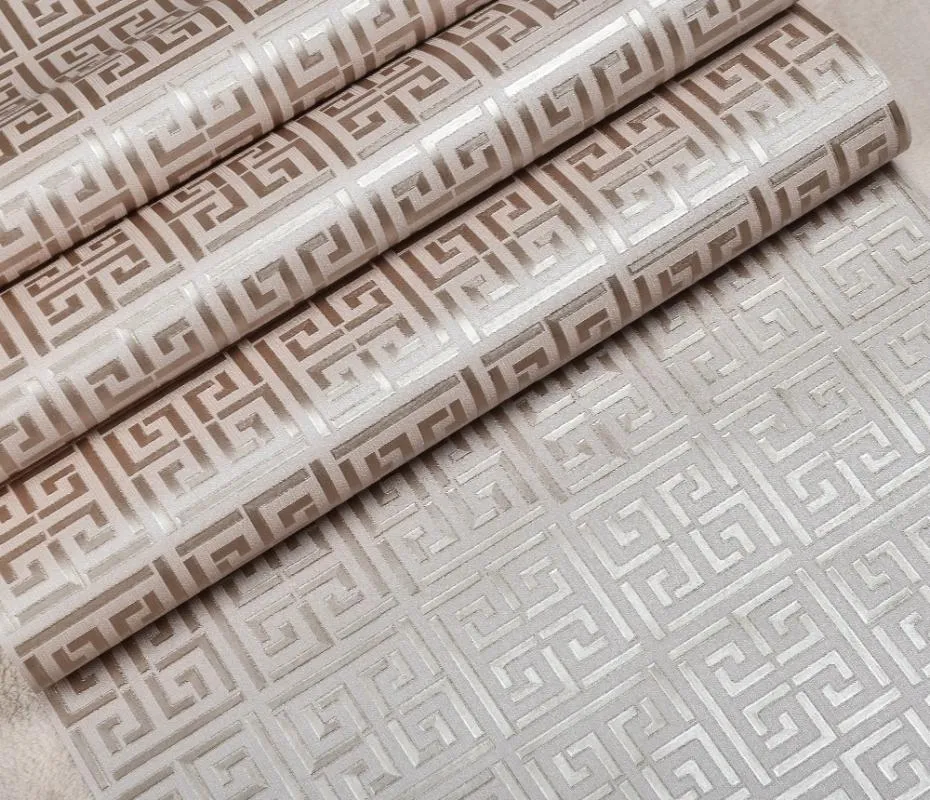 Papier peint géométrique moderne contemporain Papier peint en PVC au design clé grecque neutre pour chambre à coucher 0 53 m x 10 m Rouleau d'or sur blanc 271w