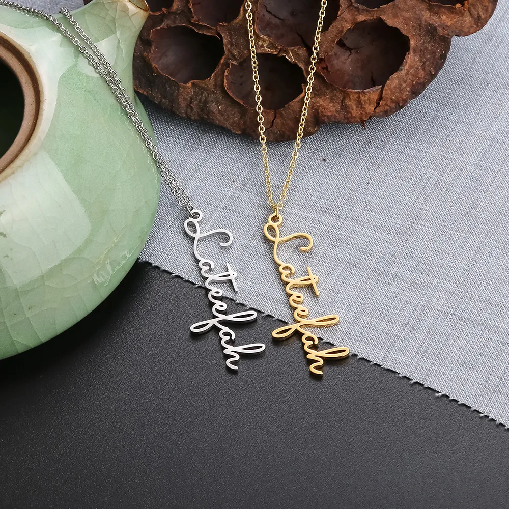 whole Handwriting Jewelry Custom Signature Pendant Collier Femme Vertical Personalized Custom Name Necklace For Women Gift1214402