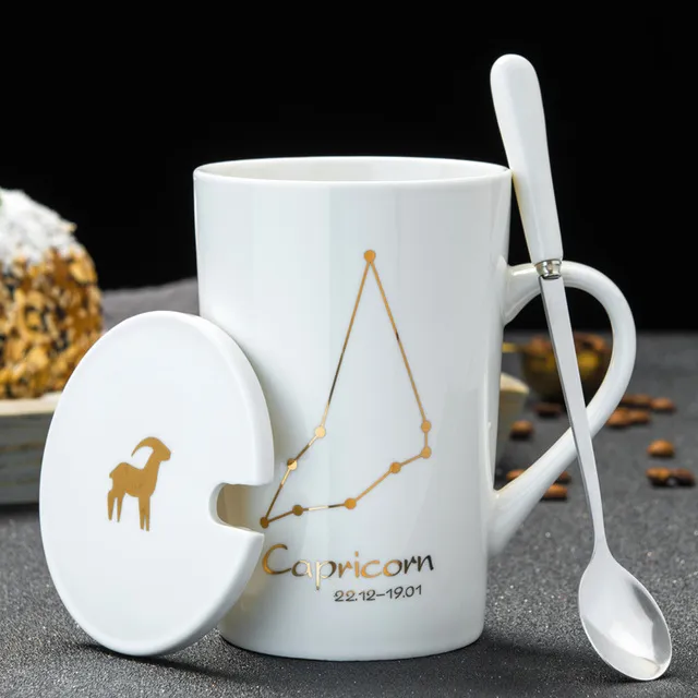 12 Constellations Creative Ceramic Mugs With Spoon lock White Porslin Zodiac Milk Coffee Cup 450 ml Water Drinkware218C