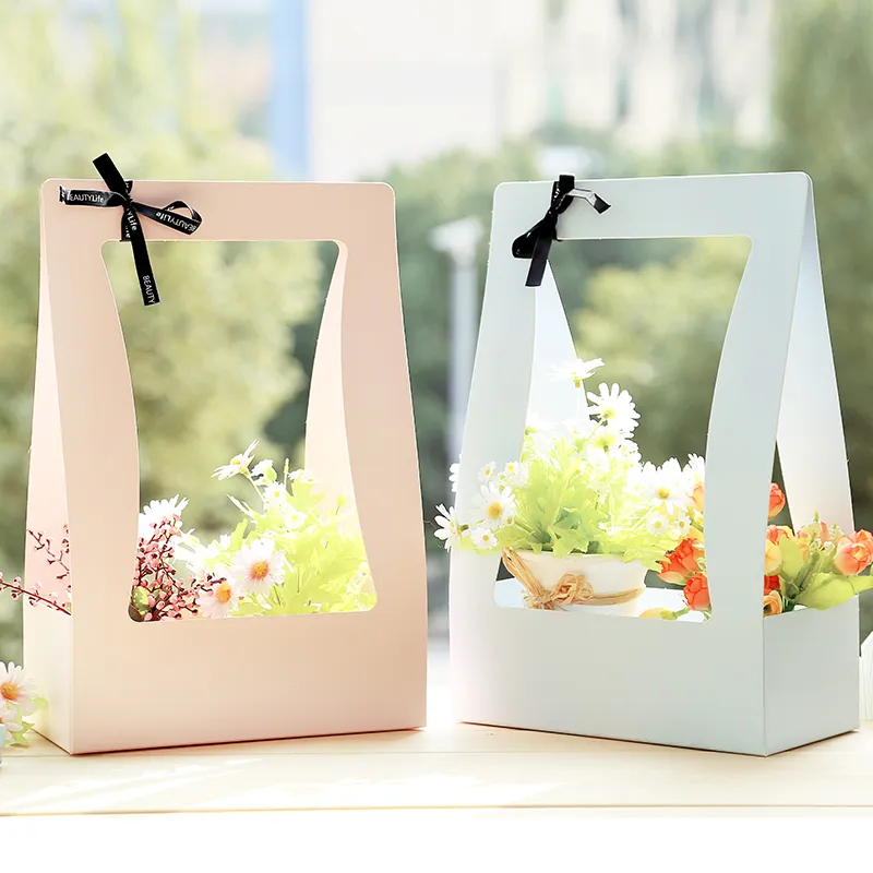 Flower Basket Paper Carton Portable Flowers Packing Box Waterproof Florist Fresh flower Carrier Bag In Green Black Pink275k