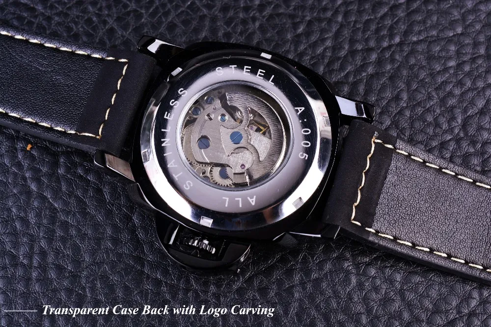 Forsining Reloj negro completo Caja esquelética Molino de viento Diseñador Correa de gamuza Reloj militar Reloj para hombres Marcas superiores Muñeca automática de lujo W279V