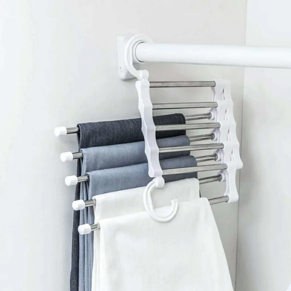 Portable Clothes Hanger Multifunctional Pants Rack Stainless Steel Trousers Holder Clothes Organizer Storage Rod White322P