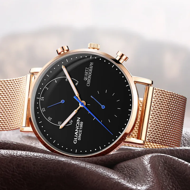 Nouveau GUANQIN hommes montres Top marque de luxe chronographe lumineux aiguilles horloge hommes d'affaires décontracté créatif maille bracelet Quartz Watch277u