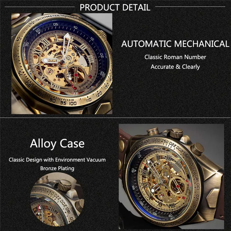 Men Watch Skeleton Automatic Mechanical Male Clock Top Brand Luxury Retro Bronze Sport Military Wristwatch Relogio Masculino J1907211a