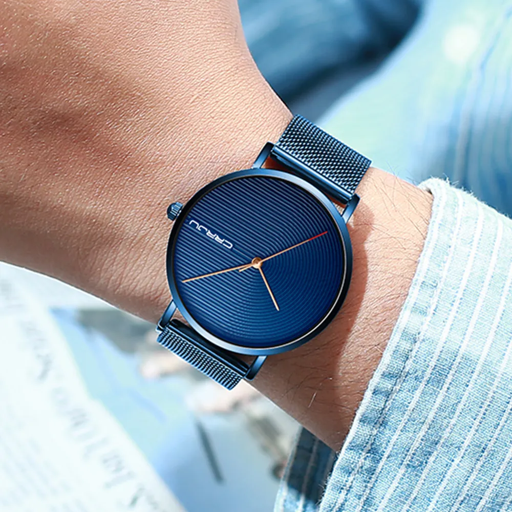 CRRJU luxe hommes montre mode minimaliste bleu Ultra-mince bracelet en maille montre décontracté étanche Sport hommes montre-bracelet cadeau pour Men206T