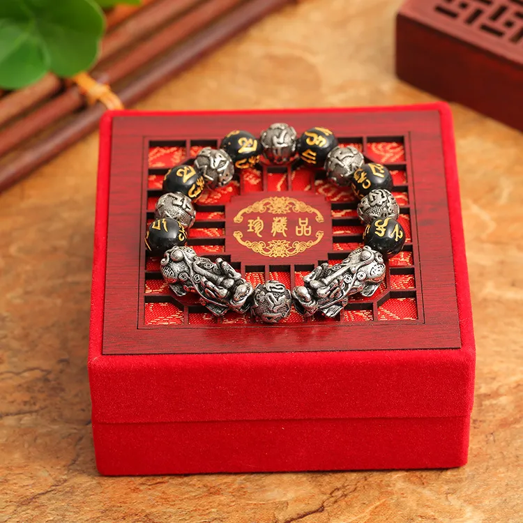 Versilberter Reichtum 3D Double Pixiu Charm Naturstein Buddha Perlen Armband Feng Shui Herrenschmuck238D