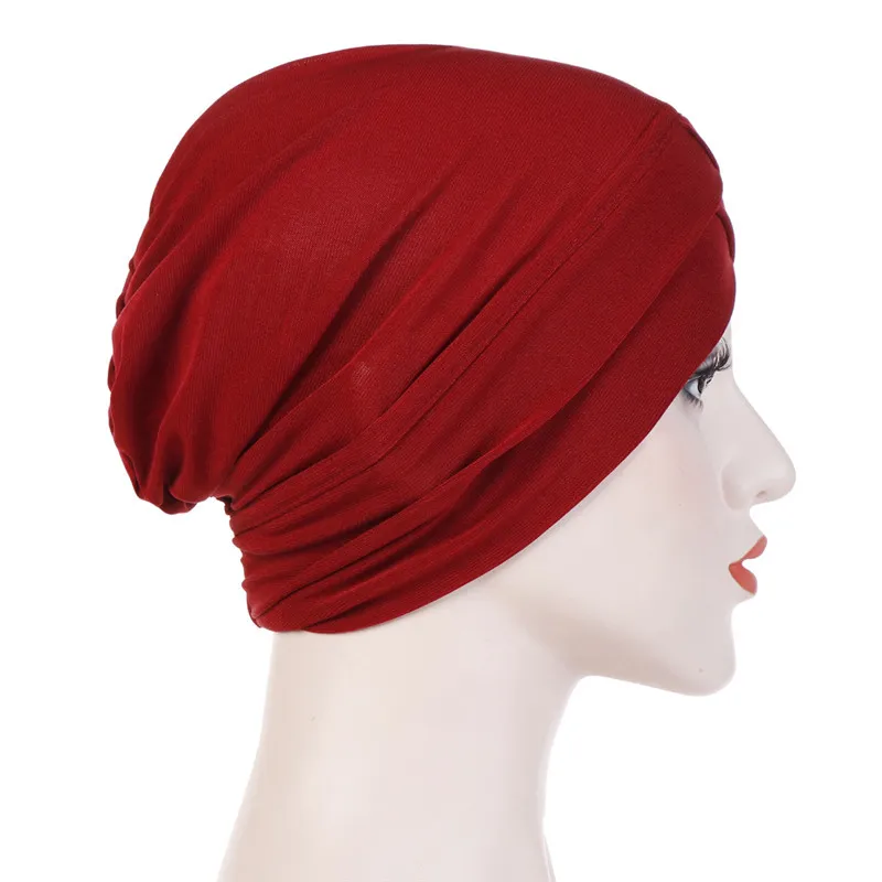 Feminino elegante chapéu elástico turbante testa cruz índia chapéu cabeça envoltório quimio cor sólida bandana lenço muçulmano menina boné da393