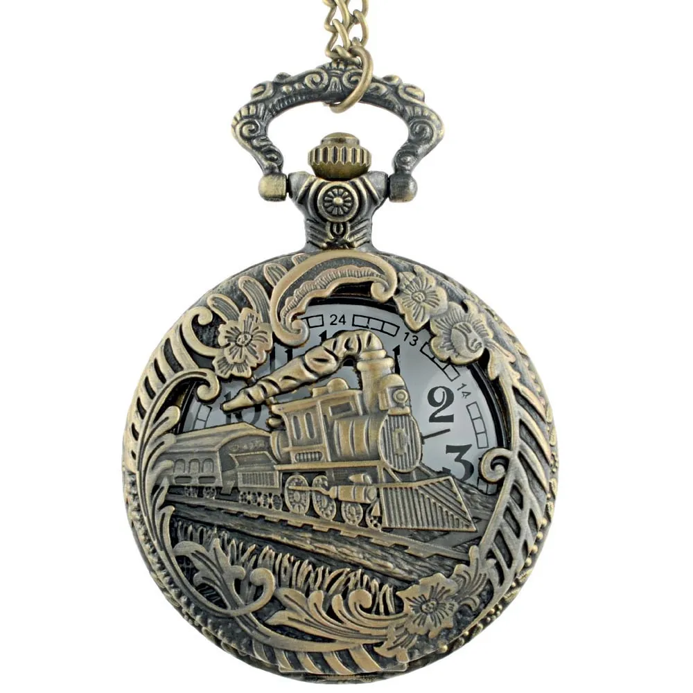 Bronze creux Train thème plein Quartz gravé Fob rétro pendentif montre de poche chaîne cadeau pompier Theme246b
