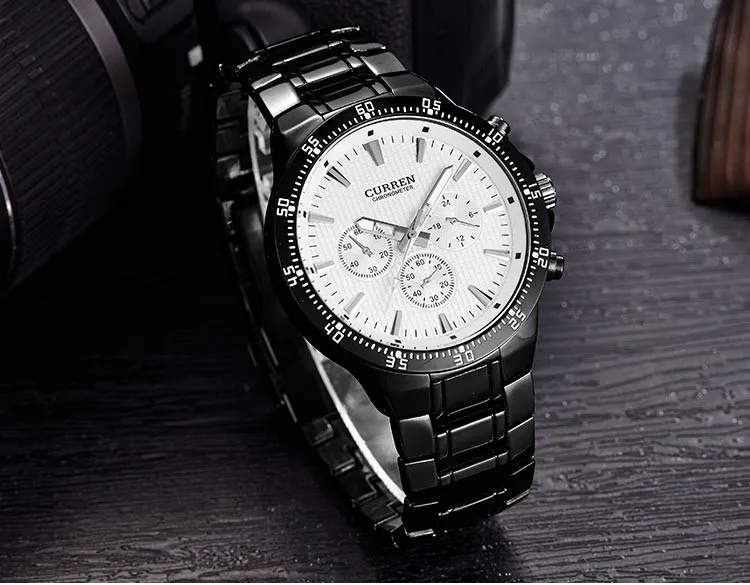 Curren Fashion Full Steel Quartz Men tittar på analog sport manlig armbandsur klassisk Blackwhite Horloges Mannens Saat Reloj Hombre2361