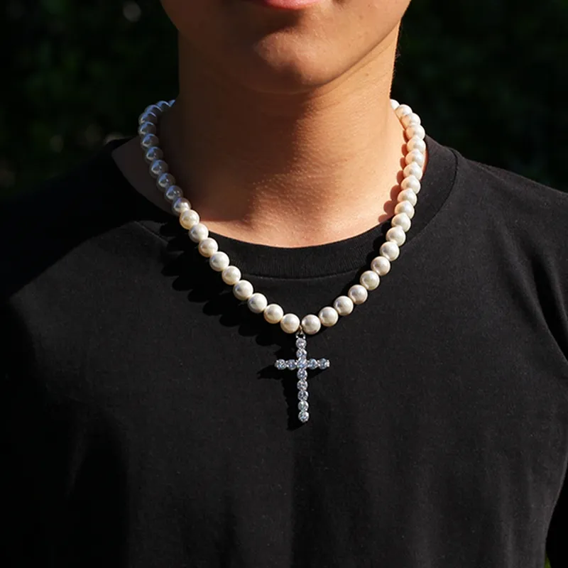 Fashion Mens Pearl Beaded Necklace Hip Hop Jewelry Iced Out Cross Pendant Necklaces 8mm 10mm2733
