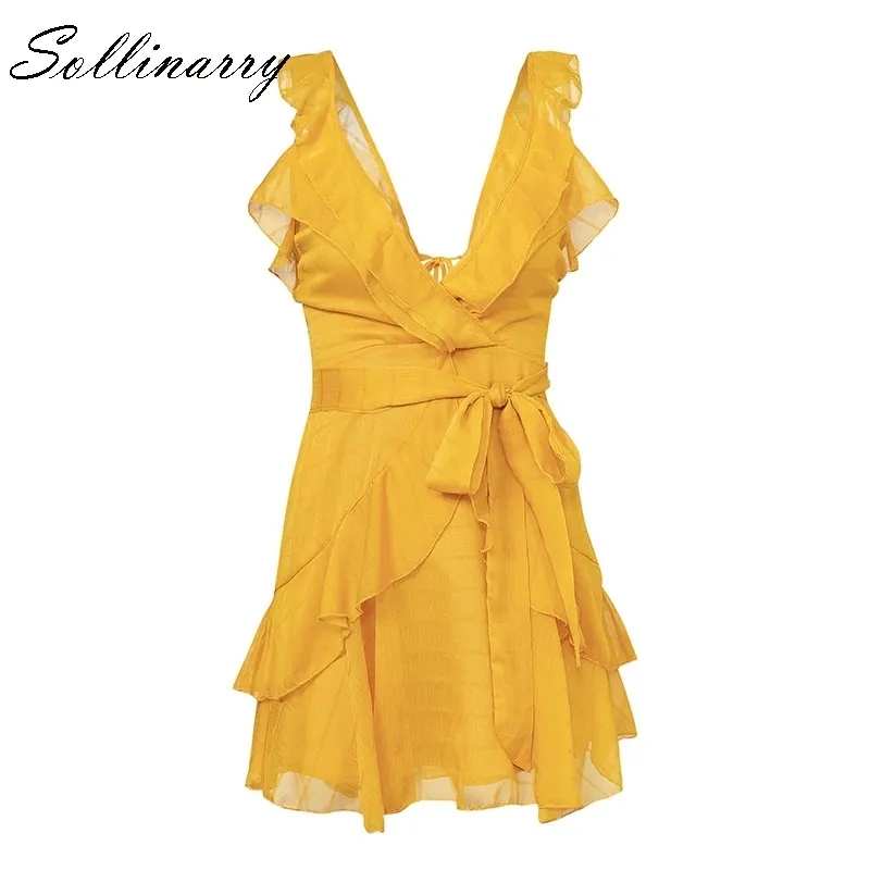 Sollinarry Frauen Kleid Grün Sexy Chiffon Casual Kleid Böhmischen Strand Party Kleid Solide Rüschen Gelb Dressvestidos J190619