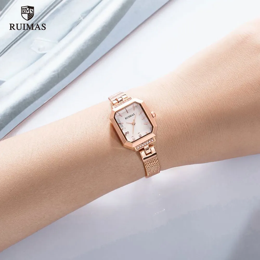 Ruimas Ladies Einfache analoge Uhren Luxus Roségold Square Watch Women Mesh Armband Armbandwatch Top Marke Relogios Femininos 5792318