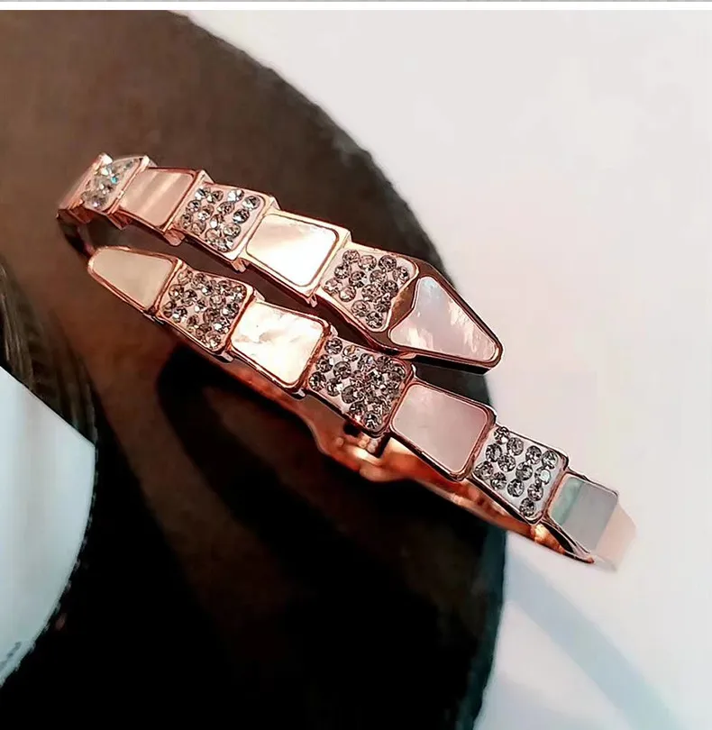 Biżuteria Osobista Open Titanium Stal Bransoletka Bransoletki Shell Snake Bone Moda Kryształ Mankiet Bransoletka Dla Kobiet Prezent