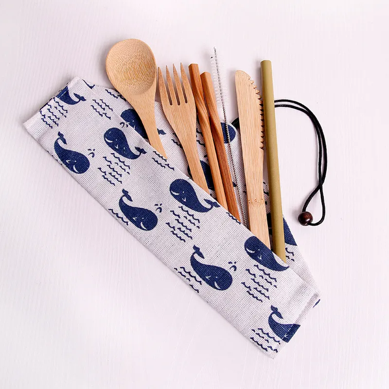 Bamboo cutlery kit knife fork spoon sets straw brush tableware travel picnic suit with canvas bag