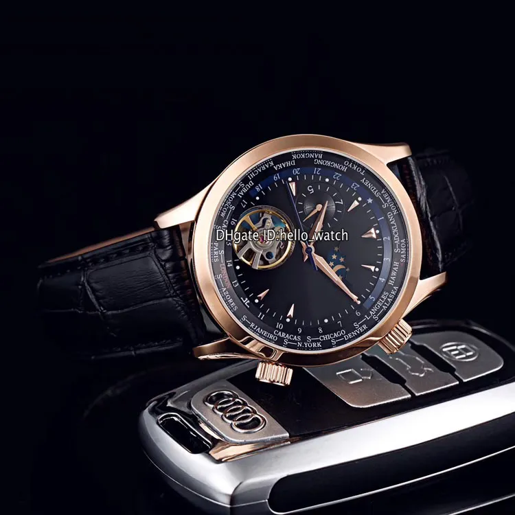 Neue 42 mm Master Control World Geographic Q1522420, weißes Zifferblatt, automatische Herrenuhr, Mondphase, Tourbillon, Roségoldgehäuse, Leder, Str290Z