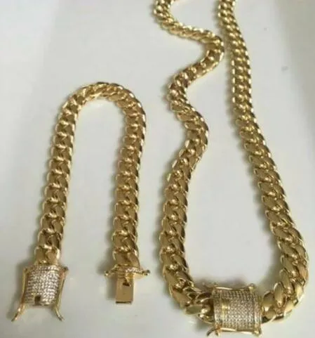 Mens Miami Cuban Link Bracelet & Chain Set 18k Gold Plated 14mm Diamond Clasp240j