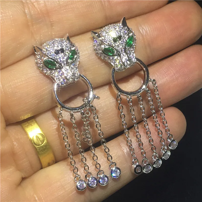 Vintage Leopard Tassels Drop Earring 925 Sterling Silver 5A Zircon CZ Party Wedding Dangle örhängen för kvinnor Brudsmycken3191