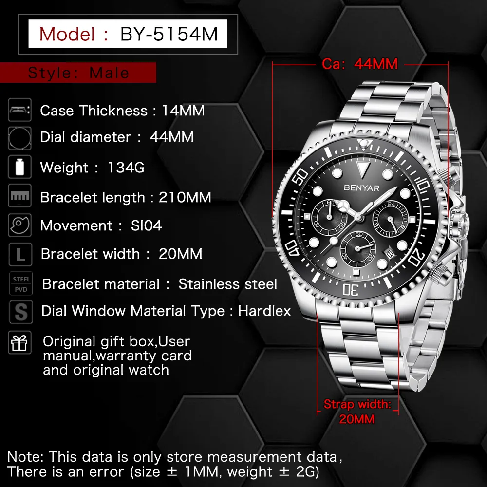 BEnyar Top Brand Luxury Men Watch Chronograph Waterproof Military Male Clock Pełny stalowy sport