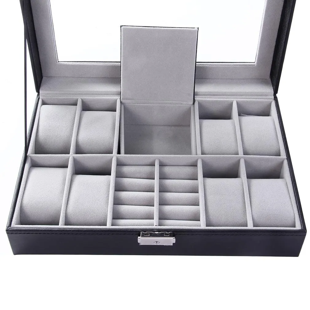 Cajas de reloj Rejillas mixtas Wacth Box Estuche de cuero Organizador de almacenamiento Exhibición de anillos de joyería de lujo Calidad negra 2 en 1255y