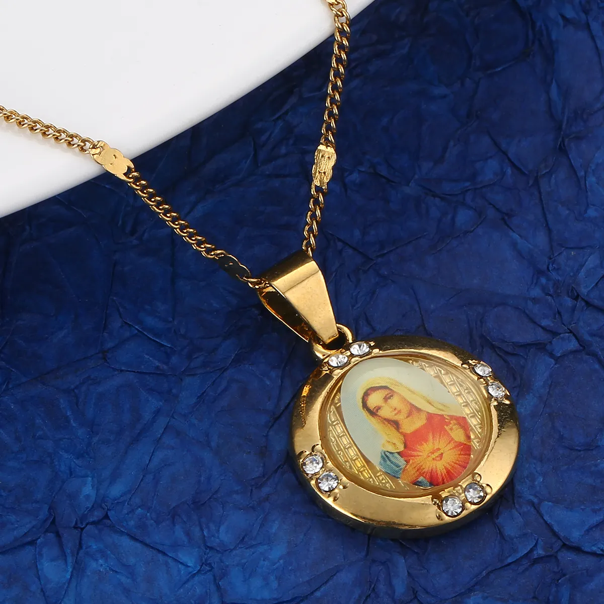 Moda ouro cor católica cristã corrente jóias esmalte abençoada mãe cameo virgem maria pingente colar jóias1868