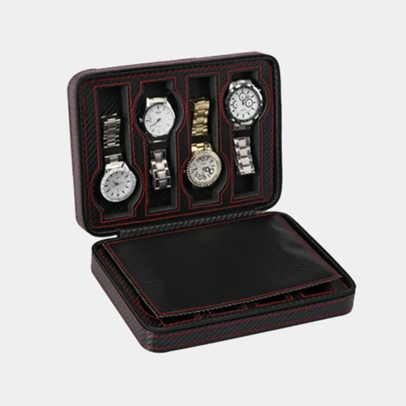 8-слотовый портативный черный углеродное волокно из искусственной кожи, часы на молнии, сумка для хранения, дорожная коробка для ювелирных изделий, сумка для часов, персонализированный роскошный подарок283q