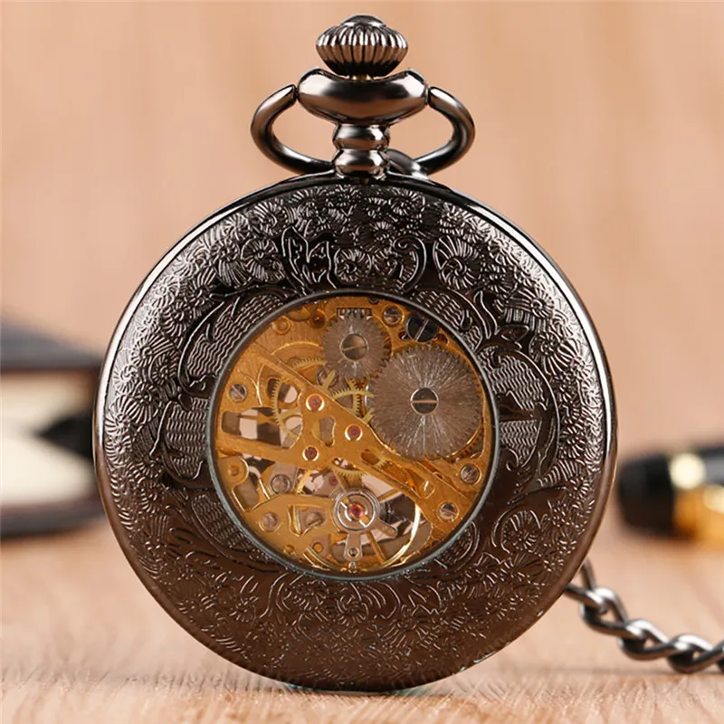 Bronze Vintage Skelett Mechanische Handwicklung Unisex Taschenuhr Arabische Zahlen Analoge Zifferblatt Uhren für Männer Frauen Geschenkset210i