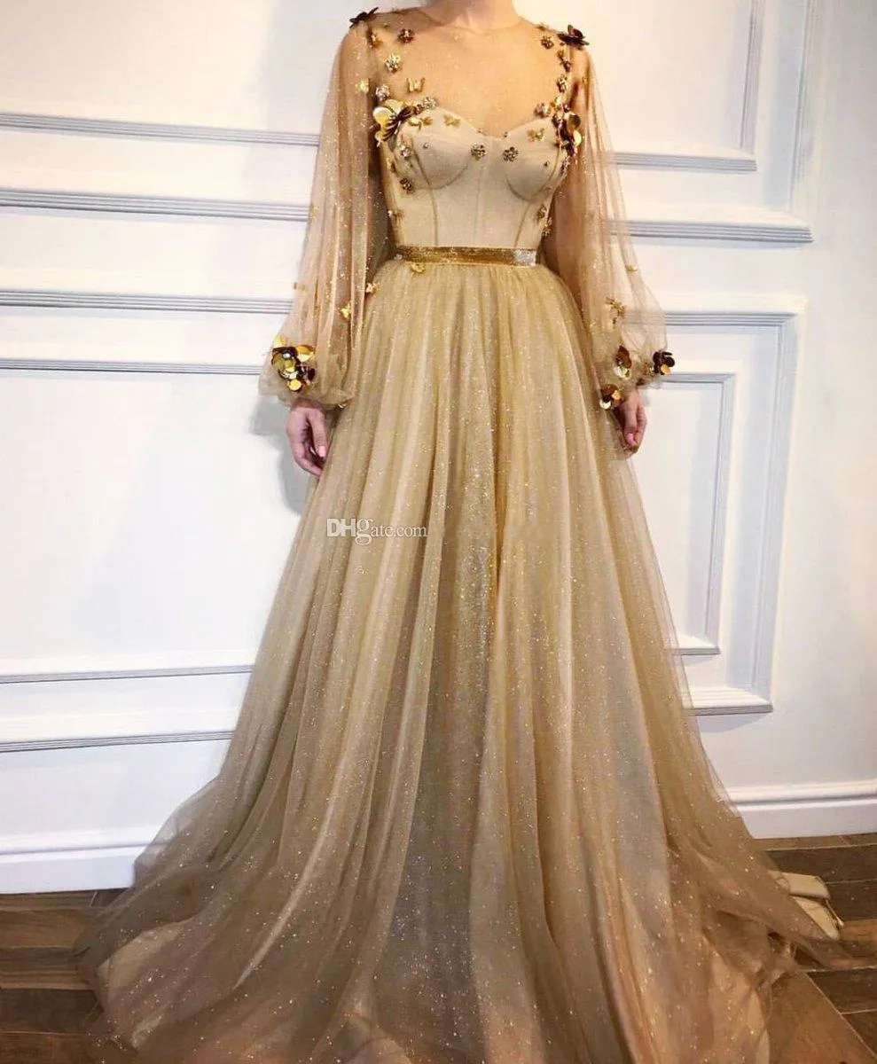 Gold Long Sleeves Gothic Prom Dresses Sheer Neck Flowers Tulle Long Sleeve Formal Evening Gowns Shiny Party Dress Robe De Mariee272C