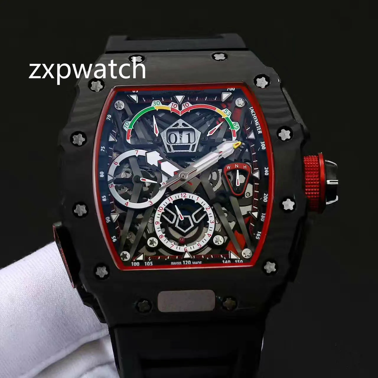 Luxry Nouveau 50-03 Watch McLaren F1 Skeleton Dial Squelette Automatique mécanique 50-03 METTRE BLACK CARBAL DE CARBONE BLAQUE NYON STRAP WA264G