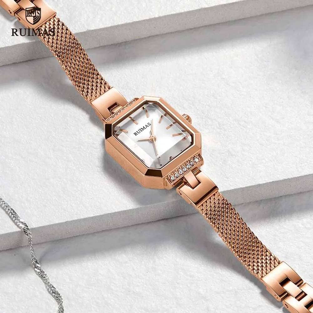 الساعات التناظرية البسيطة Ruimas Simple Thanses Luxury Rose Gold Square Watch Women Mesh Strap Wristwatch Top Brand Relogios Femininos 5792318