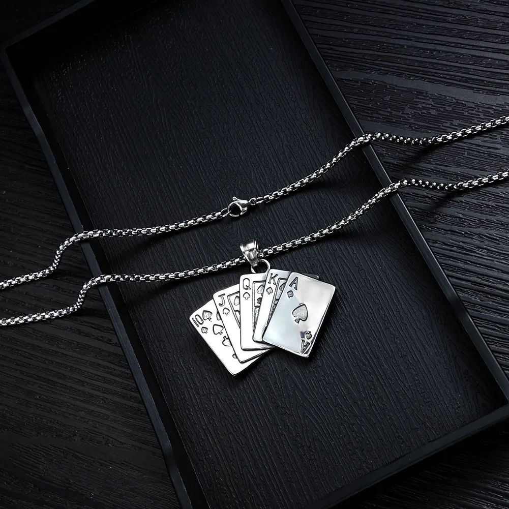Colar de encantos de cartão de jogo de pôquer em aço inoxidável personalizado baralho de cartas colar inicial royal flush poker269c
