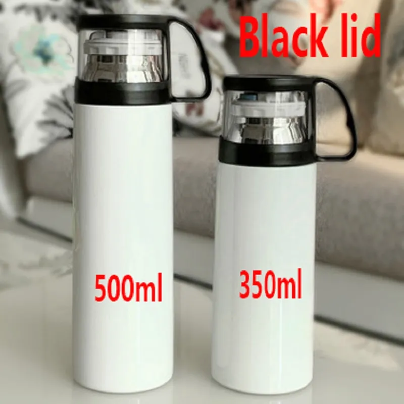 MDF sublimation blanc 350 ml 500 ml tasse thermos de transfert de chaleur bricolage 304 tasse en acier inoxydable couvercle transparent noir et blanc thermos cu291a