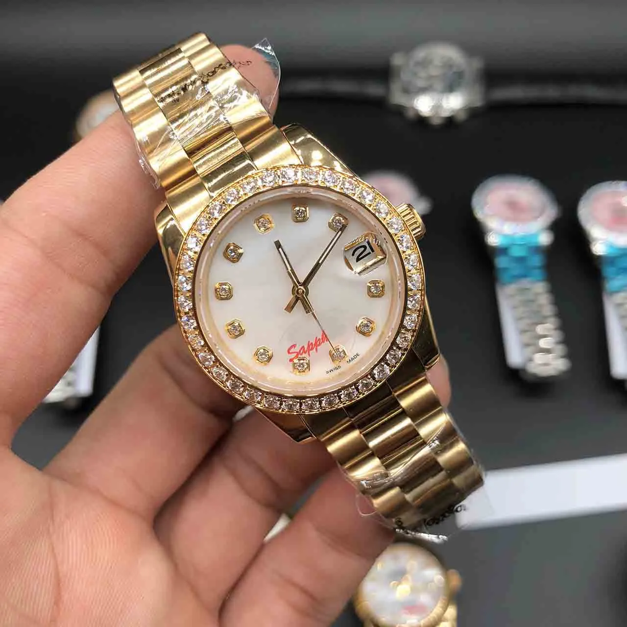 DateJust 시계 다이아몬드 마크 핑크 쉘 다이얼 여성 스테인리스 시계 여성 자동 손목 시계 발렌타인 선물 32mm211c