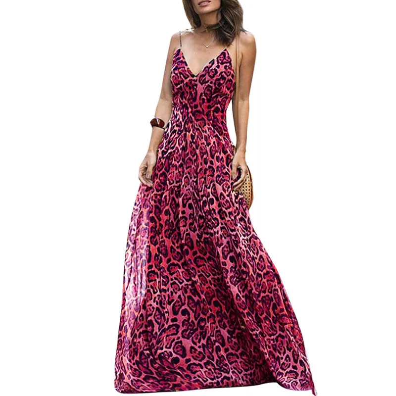 Vrouwen Luipaardprint Lange Jurk V-hals Spaghetti Schouderbanden Zomer Strand Jurken 2019 Mouwloze Casual Maxi Jurk Vestidos J15338030