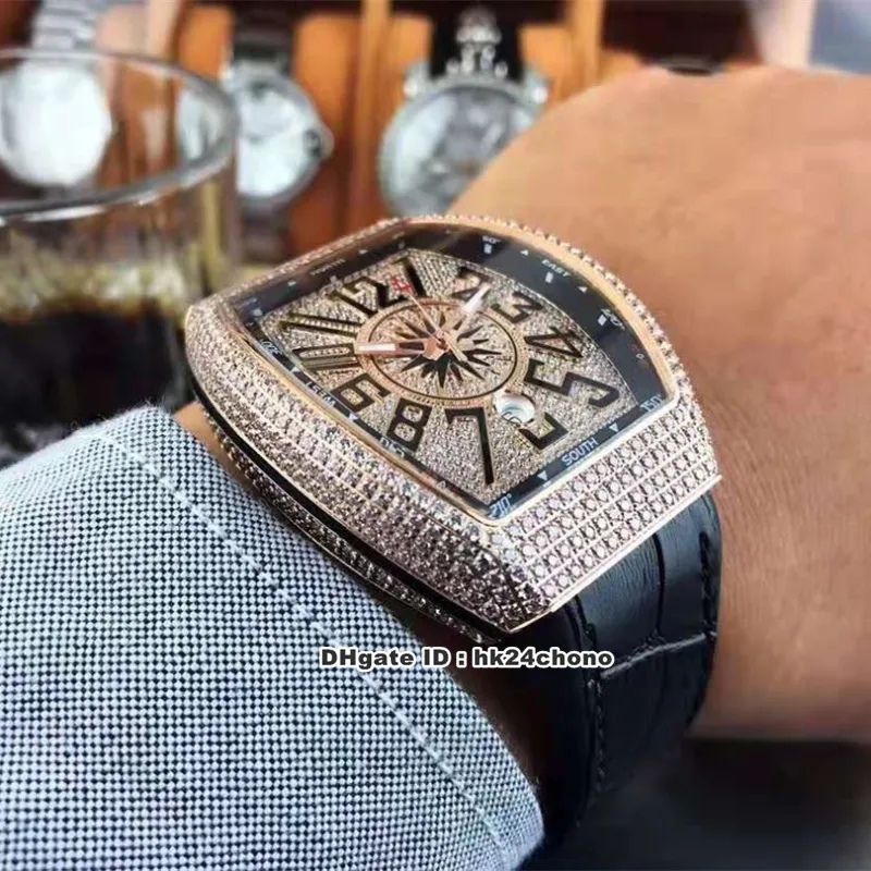 2 estilos de relógios de luxo Vanguard Full Diamonds Automatic Mens Watch V 45 SC DT Dense Diamond Dial Leather Strap Gents Wristwatches336O