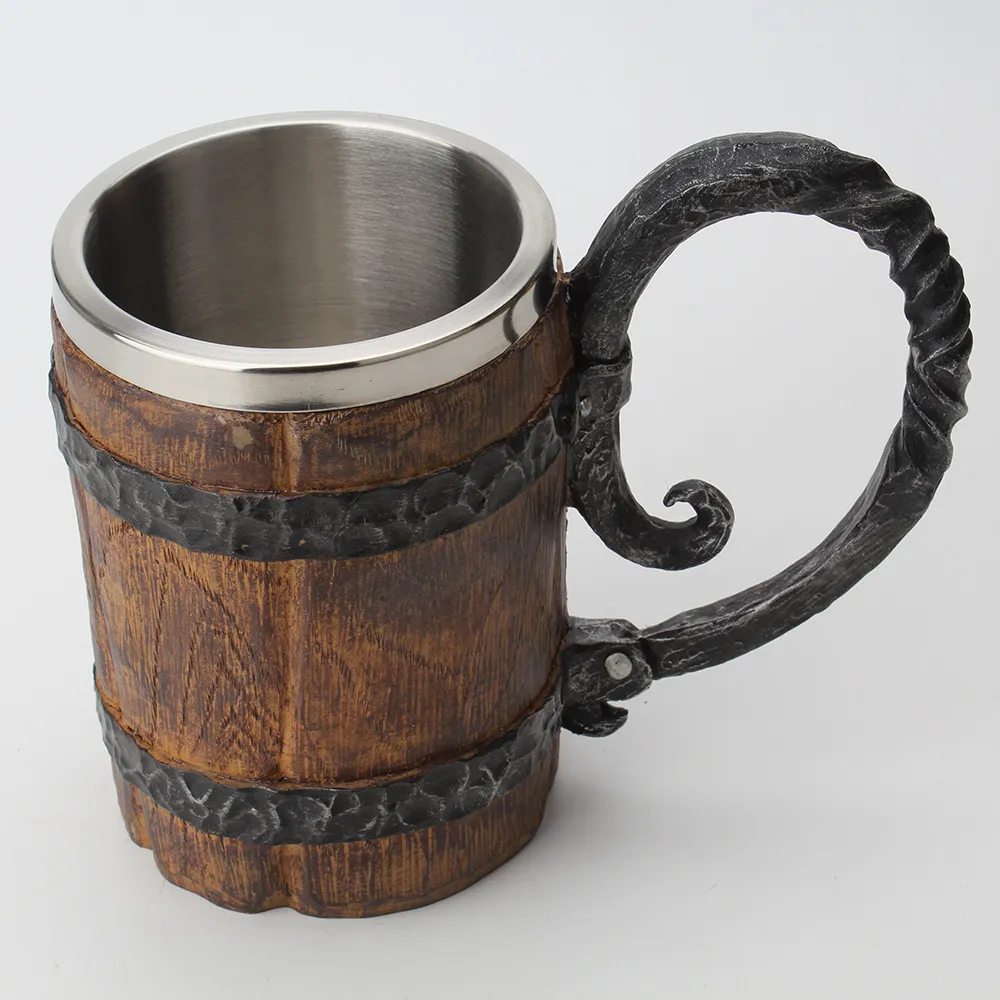 Barril de madera Resina de acero inoxidable Taza de cerveza 3D Juego de copa Jarra Taza de café Tazas de copa de vino 650 ml GOT Gift268e