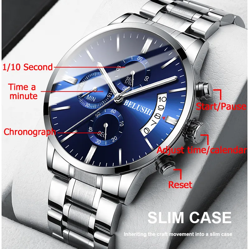 Herrklocka lyxmärke Belushi High-end man Business Casual Watches Mens Waterproof Sports Quartz Wristwatch Relogio Mascul178z