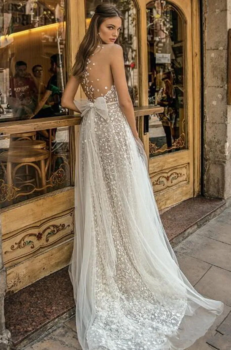 Nouvelle Muse par Berta robes de mariée col transparent dentelle appliqué robe de mariée une ligne plage Boho simple voir à travers la robe de mariée avec Bo323w