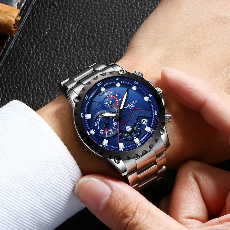 Relogio NIBOSI Masculino Watch Men Top Brand Luxury Sport Wristwatch Chronograph Military Stainless Steel Wacth Male Blue Clock ni264l