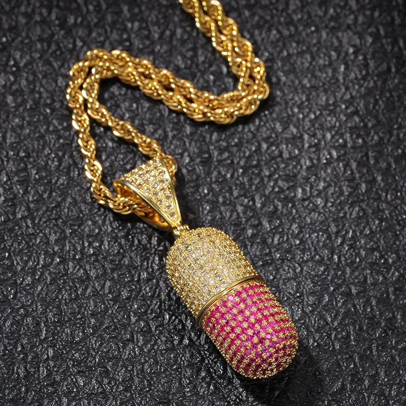 Hip Hop coloré glacé out forme de pilule ouverte Pendant Bling Bling CZ Cumbic Zirconia Collier pour femmes hommes Hiphop Jewelry260p